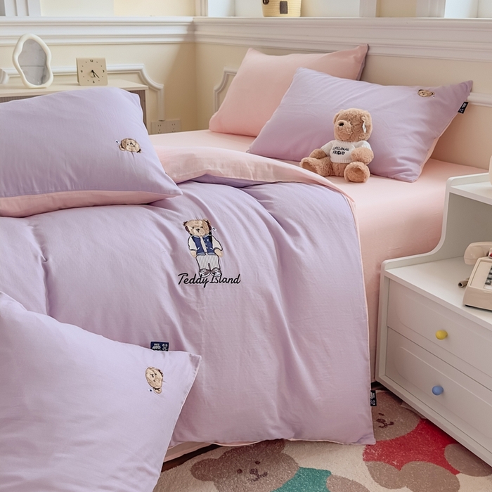 泰迪爱兰Teddy ISLAND 2025新款轻奢全棉双层纱绣花四件套 风信紫+仙粉