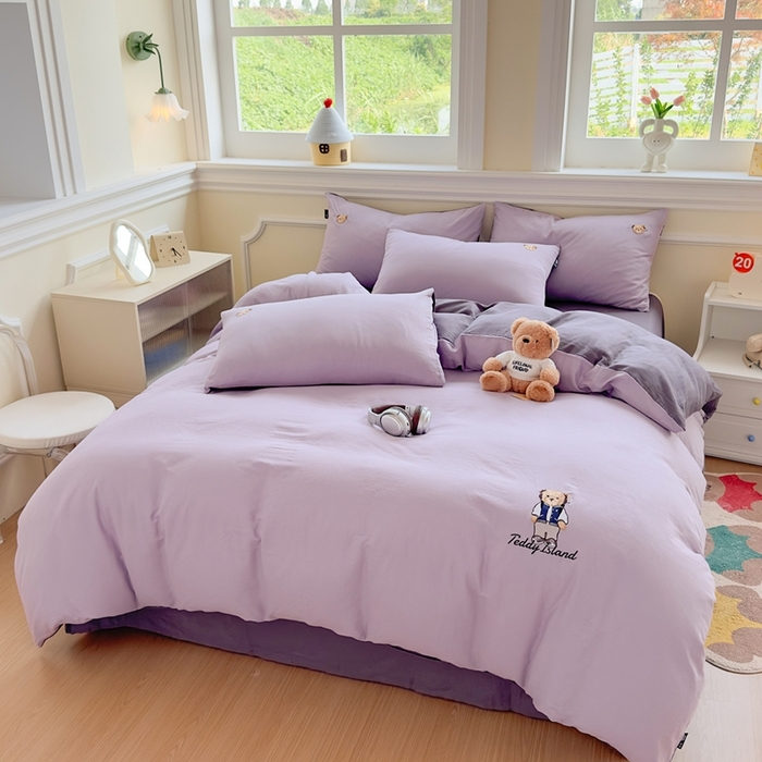 91家纺网 家纺一手货源 找家纺 泰迪爱兰Teddy ISLAND 2025新款轻奢全棉双层纱绣花四件套 风信紫+深紫 