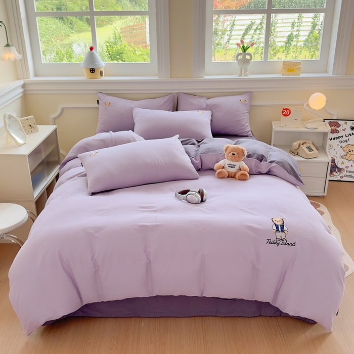 91家纺网 家纺一手货源 找家纺 泰迪爱兰Teddy ISLAND 2025新款轻奢全棉双层纱绣花四件套 风信紫+深紫 