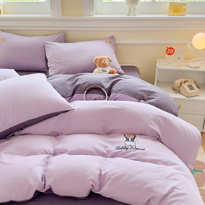 91家纺网 家纺一手货源 找家纺 泰迪爱兰Teddy ISLAND 2025新款轻奢全棉双层纱绣花四件套 风信紫+深紫 