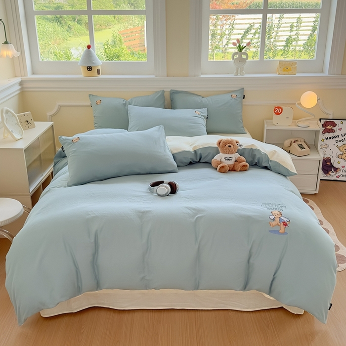 91家纺网 家纺一手货源 找家纺 泰迪爱兰Teddy ISLAND 2025新款轻奢全棉双层纱绣花四件套 孔雀蓝+米黄