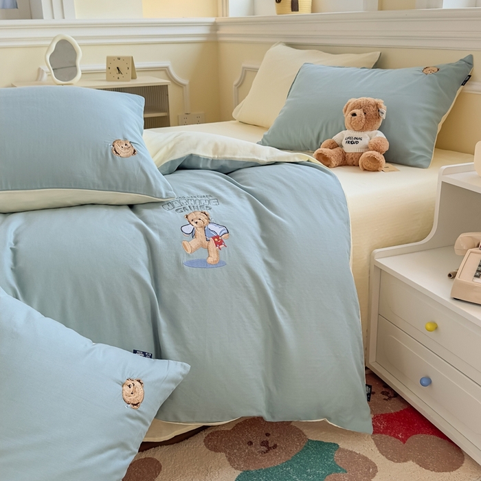 泰迪爱兰Teddy ISLAND 2025新款轻奢全棉双层纱绣花四件套 孔雀蓝+米黄