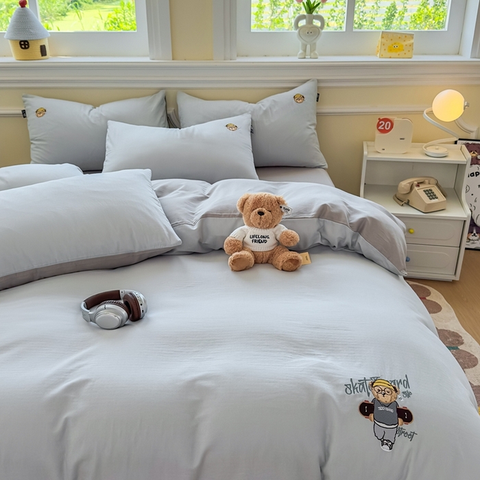 91家纺网 家纺一手货源 找家纺 泰迪爱兰Teddy ISLAND 2025新款轻奢全棉双层纱绣花四件套 海盐蓝+天空灰