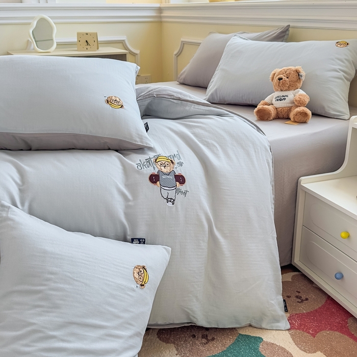 泰迪爱兰Teddy ISLAND 2025新款轻奢全棉双层纱绣花四件套 海盐蓝+天空灰