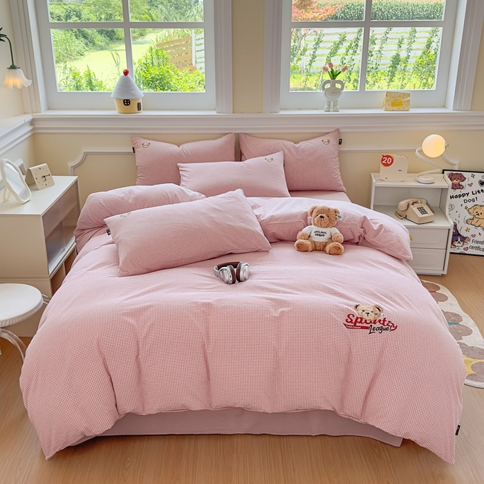 泰迪爱兰Teddy ISLAND 2026新款全棉色织水洗棉格子绣花四件套 粉密格 