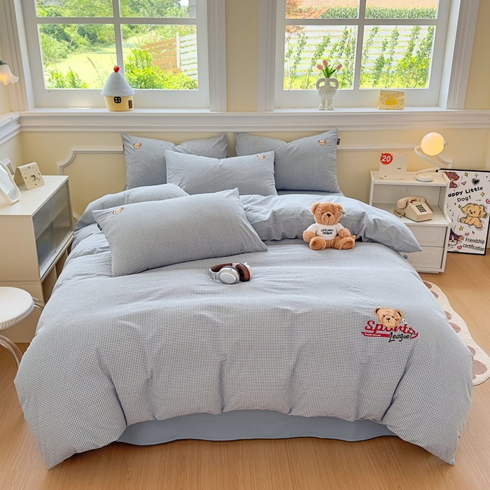 泰迪爱兰Teddy ISLAND 2026新款全棉色织水洗棉格子绣花四件套 浅蓝密格