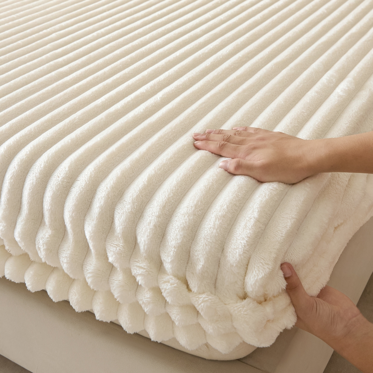 91家纺网 家纺一手货源 找家纺 （总）蓝极人 2025新款兔毛绒大抽条床笠单品床笠床笠单件（跨境可供）