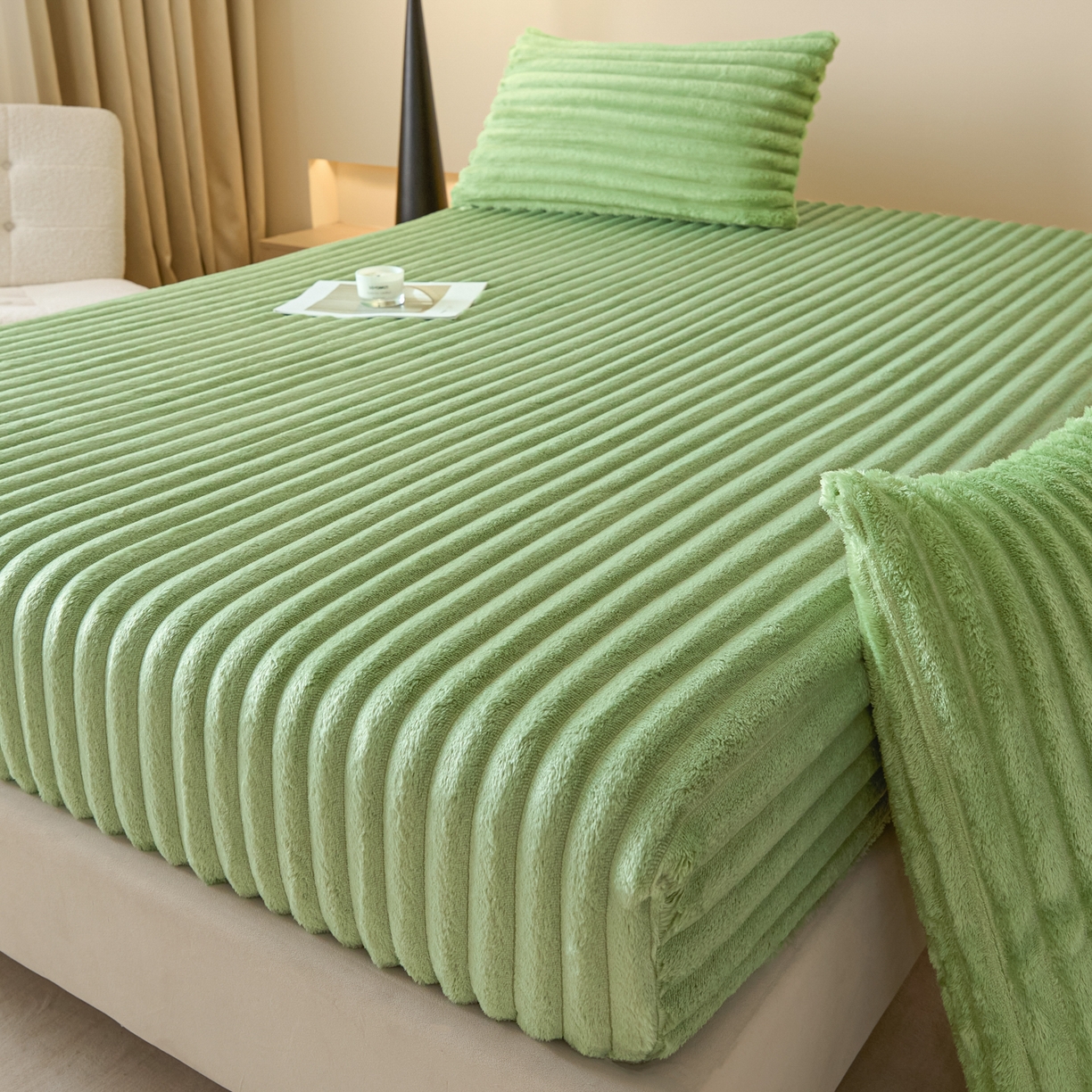 91家纺网 家纺一手货源 找家纺 蓝极人 2025新款兔毛绒大抽条床笠单品床笠床笠单件（跨境可供） 抽条-床笠果绿