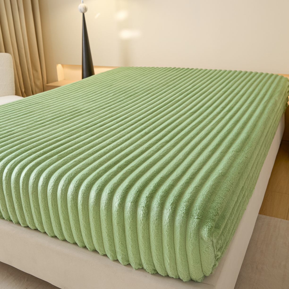 91家纺网 家纺一手货源 找家纺 蓝极人 2025新款兔毛绒大抽条床笠单品床笠床笠单件（跨境可供） 抽条-床笠果绿
