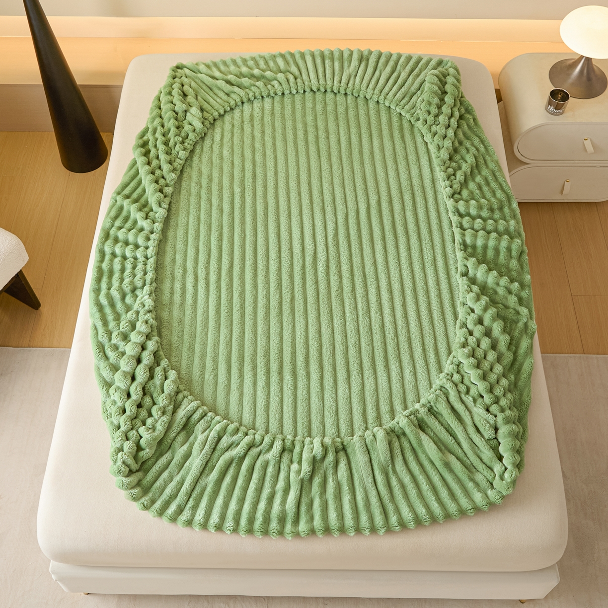 91家纺网 家纺一手货源 找家纺 蓝极人 2025新款兔毛绒大抽条床笠单品床笠床笠单件（跨境可供） 抽条-床笠果绿