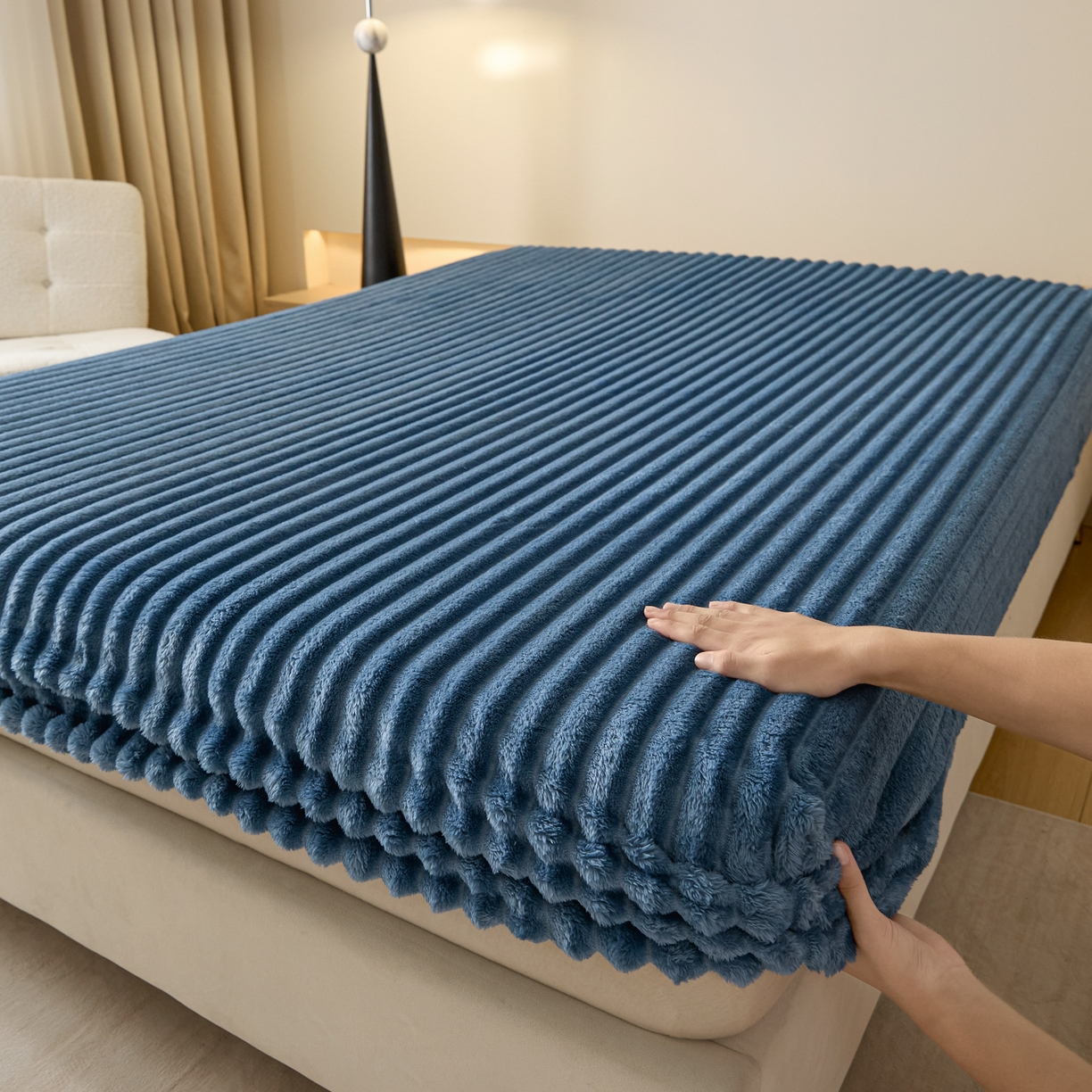 91家纺网 家纺一手货源 找家纺 蓝极人 2025新款兔毛绒大抽条床笠单品床笠床笠单件（跨境可供） 抽条-床笠孔雀蓝