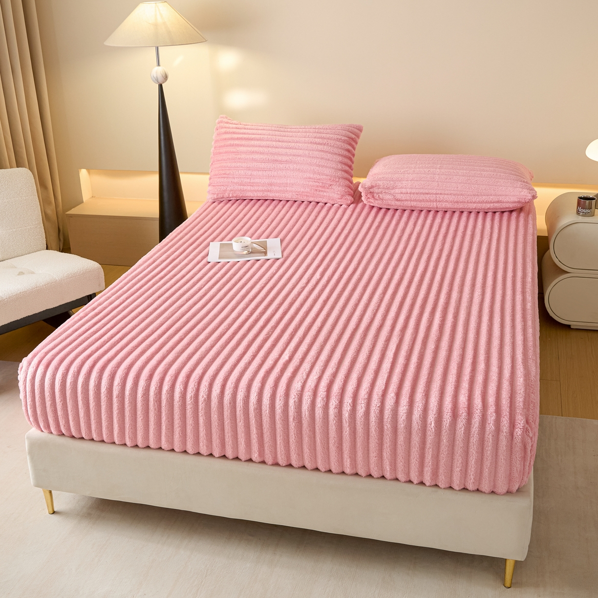 91家纺网 家纺一手货源 找家纺 蓝极人 2025新款兔毛绒大抽条床笠单品床笠床笠单件（跨境可供） 抽条-床笠浅粉