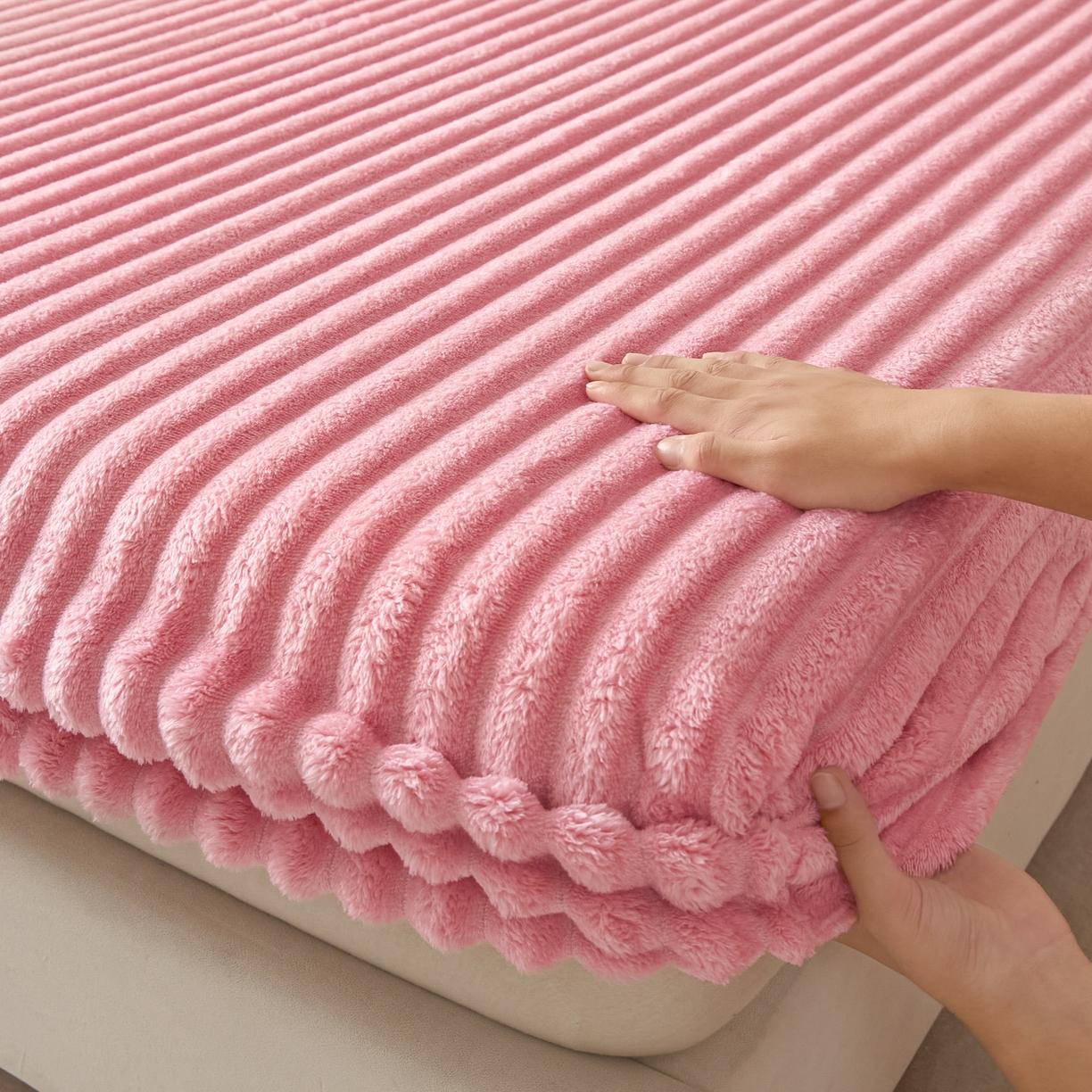 91家纺网 家纺一手货源 找家纺 蓝极人 2025新款兔毛绒大抽条床笠单品床笠床笠单件（跨境可供） 抽条-床笠浅粉