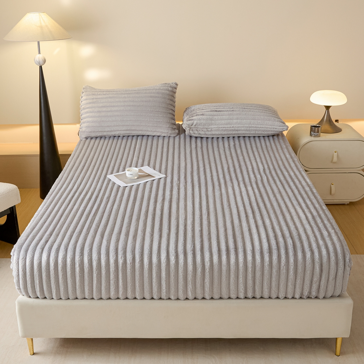 91家纺网 家纺一手货源 找家纺 蓝极人 2025新款兔毛绒大抽条床笠单品床笠床笠单件（跨境可供） 抽条-床笠浅灰