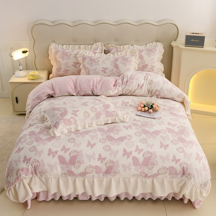 德比尔斯  2025新款韩版白色花边雕花烂花牛奶绒四件套 蝶恋花粉