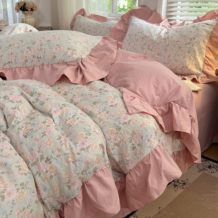 91家纺网 家纺一手货源 找家纺 梦舒羽 2025新款水洗珍珠棉花边四件套学生宿舍套件复古风四件套 花开半夏