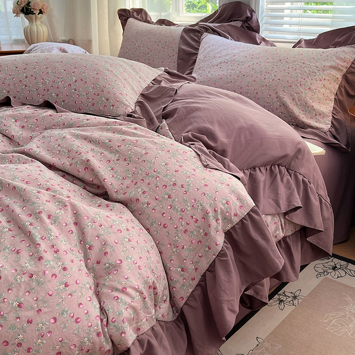 梦舒羽 2025新款水洗珍珠棉花边四件套学生宿舍套件复古风四件套 樱桃季