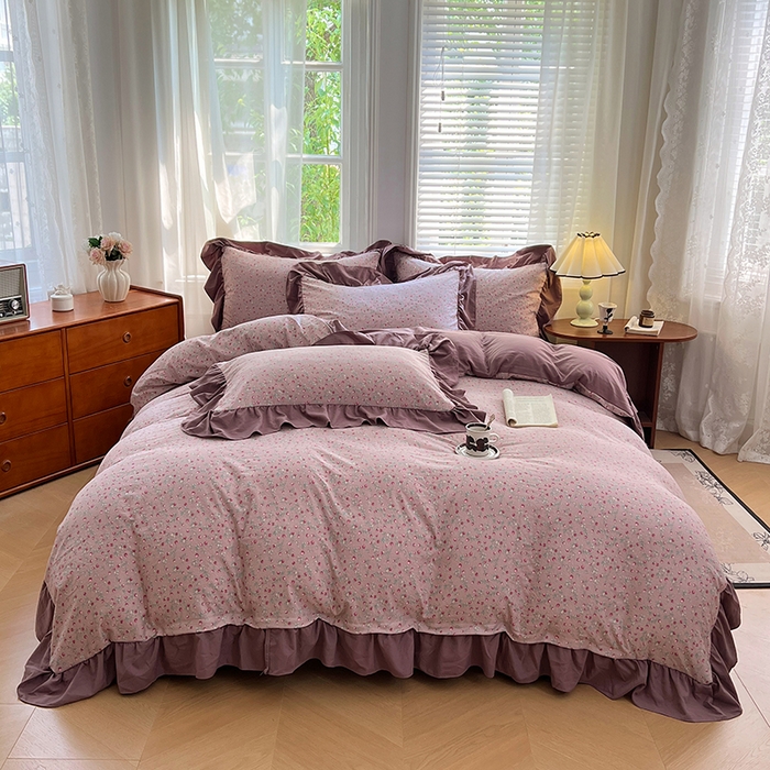 91家纺网 家纺一手货源 找家纺 梦舒羽 2025新款水洗珍珠棉花边四件套学生宿舍套件复古风四件套 樱桃季