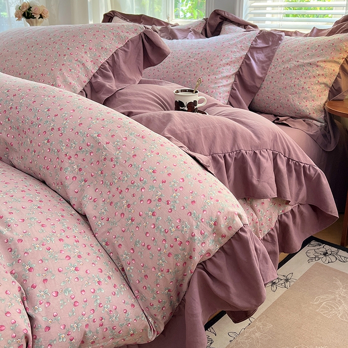 91家纺网 家纺一手货源 找家纺 梦舒羽 2025新款水洗珍珠棉花边四件套学生宿舍套件复古风四件套 樱桃季