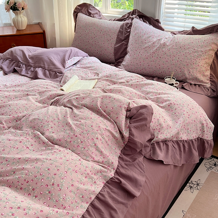 91家纺网 家纺一手货源 找家纺 梦舒羽 2025新款水洗珍珠棉花边四件套学生宿舍套件复古风四件套 樱桃季