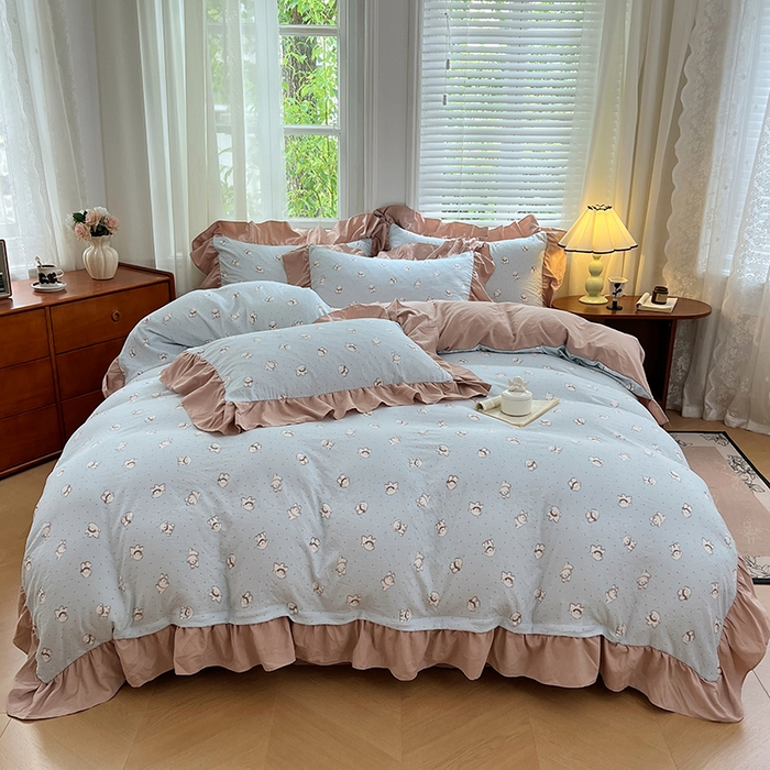 91家纺网 家纺一手货源 找家纺 梦舒羽 2025新款水洗珍珠棉花边四件套学生宿舍套件复古风四件套 繁星小狗