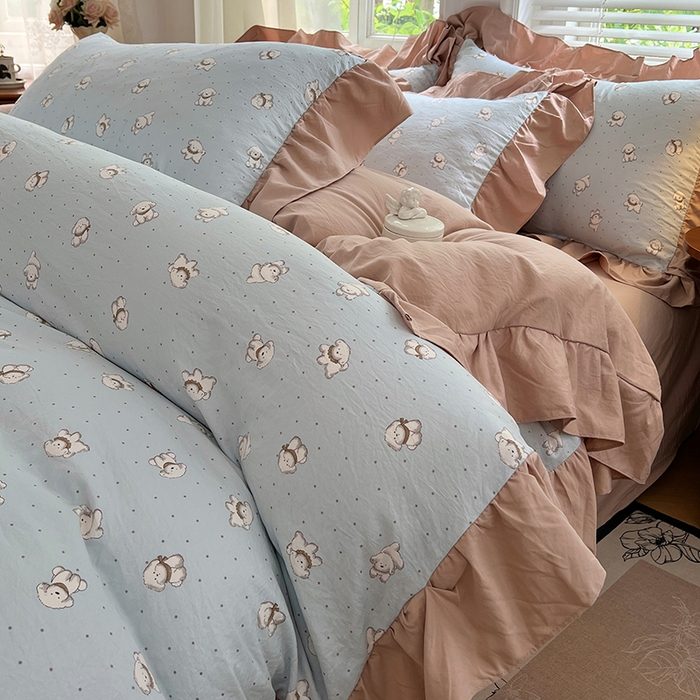 91家纺网 家纺一手货源 找家纺 梦舒羽 2025新款水洗珍珠棉花边四件套学生宿舍套件复古风四件套 繁星小狗