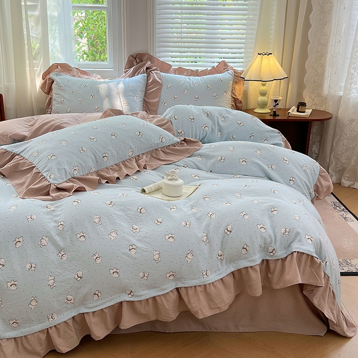 91家纺网 家纺一手货源 找家纺 梦舒羽 2025新款水洗珍珠棉花边四件套学生宿舍套件复古风四件套 繁星小狗