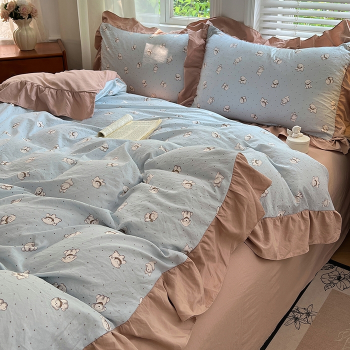 91家纺网 家纺一手货源 找家纺 梦舒羽 2025新款水洗珍珠棉花边四件套学生宿舍套件复古风四件套 繁星小狗