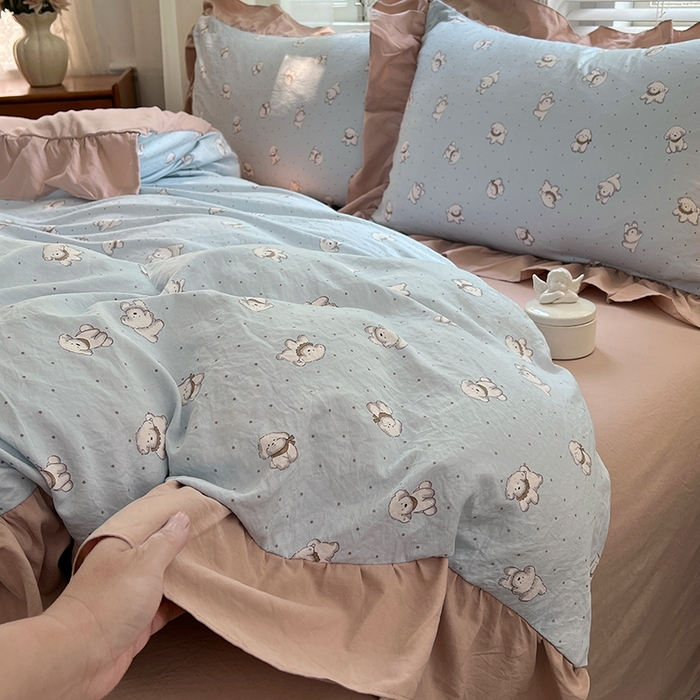 91家纺网 家纺一手货源 找家纺 梦舒羽 2025新款水洗珍珠棉花边四件套学生宿舍套件复古风四件套 繁星小狗