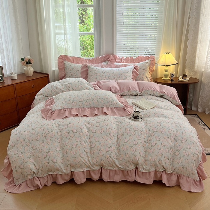 91家纺网 家纺一手货源 找家纺 梦舒羽 2025新款水洗珍珠棉花边四件套学生宿舍套件复古风四件套 花开半夏