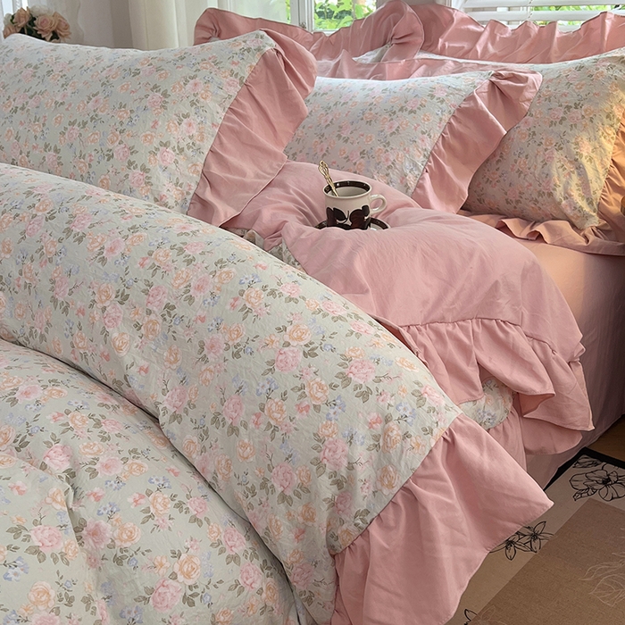 91家纺网 家纺一手货源 找家纺 梦舒羽 2025新款水洗珍珠棉花边四件套学生宿舍套件复古风四件套 花开半夏