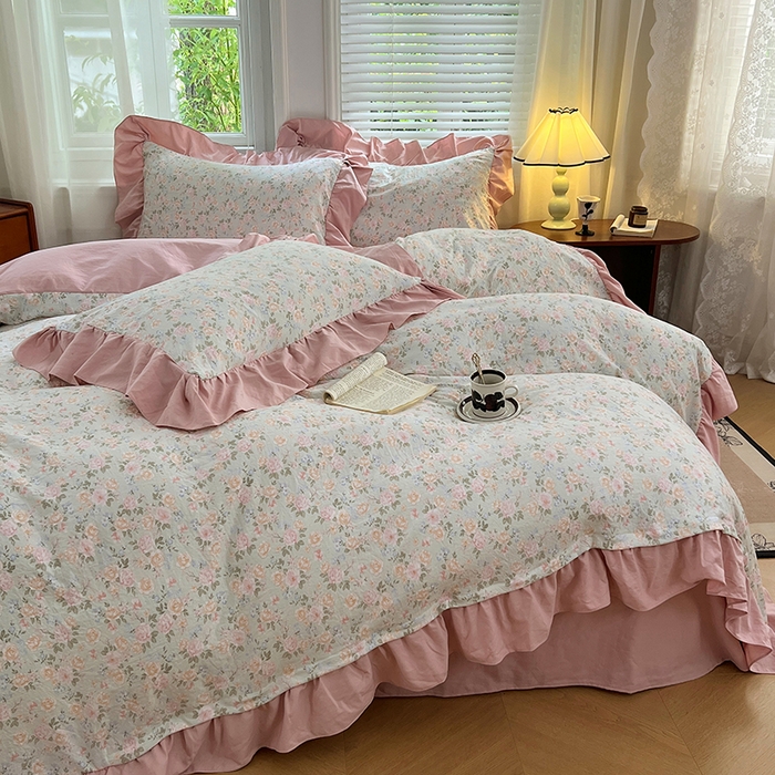 91家纺网 家纺一手货源 找家纺 梦舒羽 2025新款水洗珍珠棉花边四件套学生宿舍套件复古风四件套 花开半夏