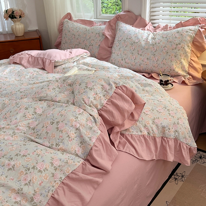 91家纺网 家纺一手货源 找家纺 梦舒羽 2025新款水洗珍珠棉花边四件套学生宿舍套件复古风四件套 花开半夏