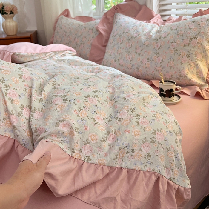 91家纺网 家纺一手货源 找家纺 梦舒羽 2025新款水洗珍珠棉花边四件套学生宿舍套件复古风四件套 花开半夏