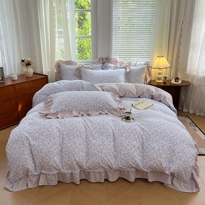 91家纺网 家纺一手货源 找家纺 梦舒羽 2025新款水洗珍珠棉花边四件套学生宿舍套件复古风四件套 花未眠-紫