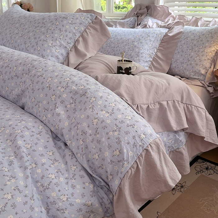 91家纺网 家纺一手货源 找家纺 梦舒羽 2025新款水洗珍珠棉花边四件套学生宿舍套件复古风四件套 花未眠-紫