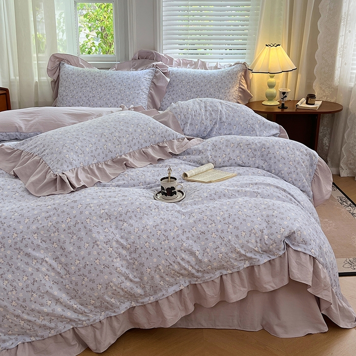 91家纺网 家纺一手货源 找家纺 梦舒羽 2025新款水洗珍珠棉花边四件套学生宿舍套件复古风四件套 花未眠-紫