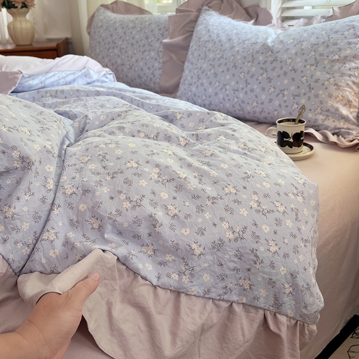 91家纺网 家纺一手货源 找家纺 梦舒羽 2025新款水洗珍珠棉花边四件套学生宿舍套件复古风四件套 花未眠-紫