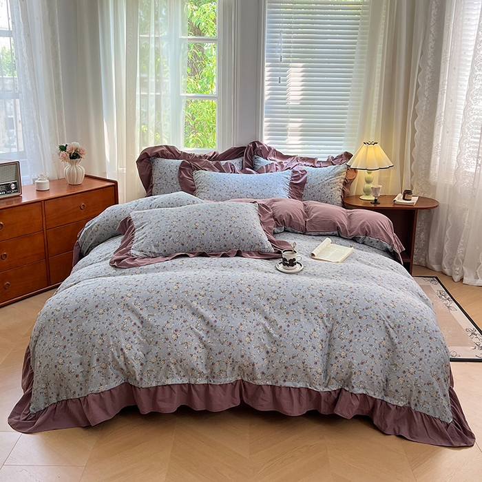 91家纺网 家纺一手货源 找家纺 梦舒羽 2025新款水洗珍珠棉花边四件套学生宿舍套件复古风四件套 花之恋-蓝