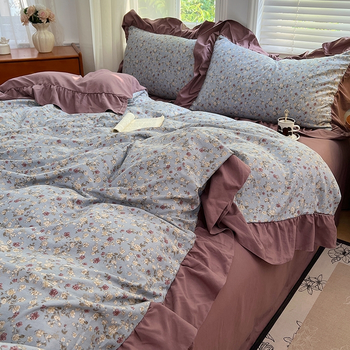 91家纺网 家纺一手货源 找家纺 梦舒羽 2025新款水洗珍珠棉花边四件套学生宿舍套件复古风四件套 花之恋-蓝