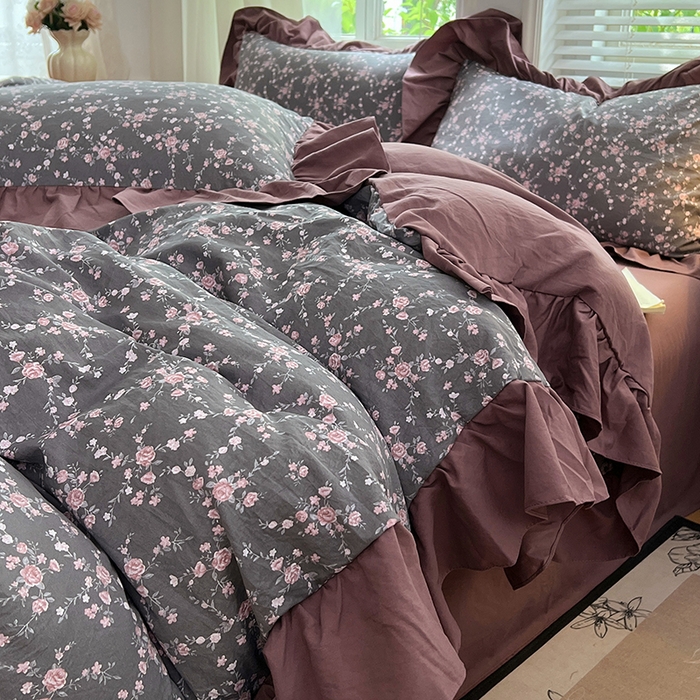 梦舒羽 2025新款水洗珍珠棉花边四件套学生宿舍套件复古风四件套 玫瑰之约