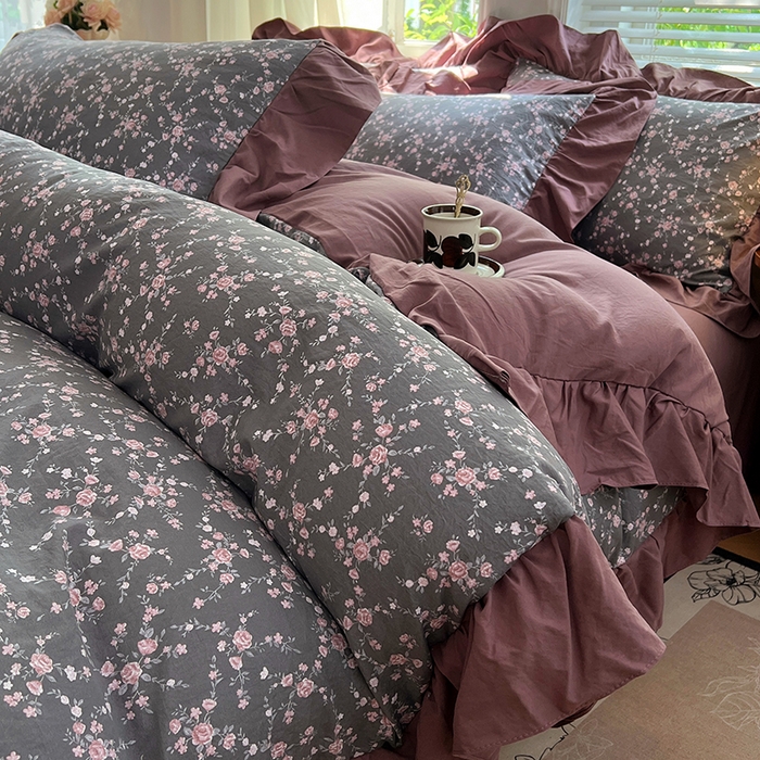 91家纺网 家纺一手货源 找家纺 梦舒羽 2025新款水洗珍珠棉花边四件套学生宿舍套件复古风四件套 玫瑰之约