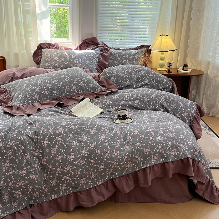 91家纺网 家纺一手货源 找家纺 梦舒羽 2025新款水洗珍珠棉花边四件套学生宿舍套件复古风四件套 玫瑰之约