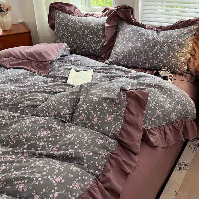 91家纺网 家纺一手货源 找家纺 梦舒羽 2025新款水洗珍珠棉花边四件套学生宿舍套件复古风四件套 玫瑰之约