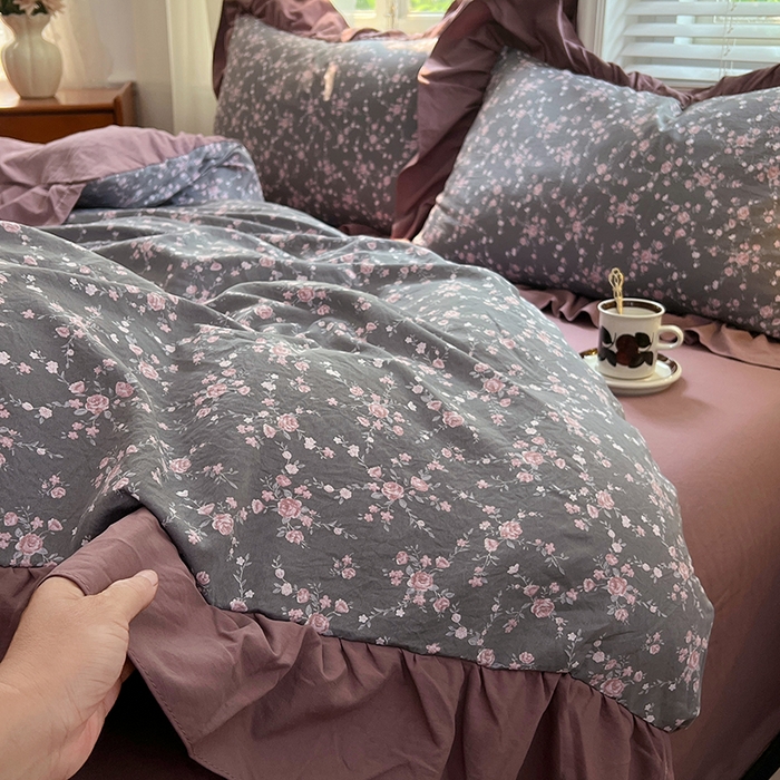 91家纺网 家纺一手货源 找家纺 梦舒羽 2025新款水洗珍珠棉花边四件套学生宿舍套件复古风四件套 玫瑰之约