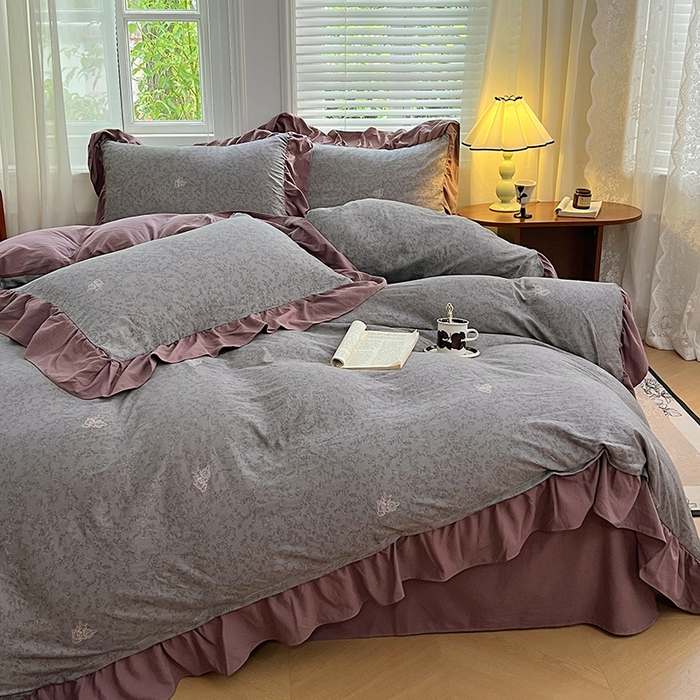 91家纺网 家纺一手货源 找家纺 梦舒羽 2025新款水洗珍珠棉花边四件套学生宿舍套件复古风四件套 墨染芳华