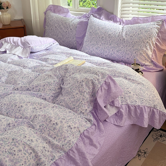 91家纺网 家纺一手货源 找家纺 梦舒羽 2025新款水洗珍珠棉花边四件套学生宿舍套件复古风四件套 浅影摇曳-紫