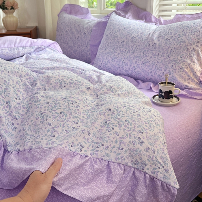 91家纺网 家纺一手货源 找家纺 梦舒羽 2025新款水洗珍珠棉花边四件套学生宿舍套件复古风四件套 浅影摇曳-紫