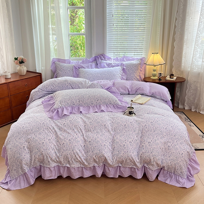 91家纺网 家纺一手货源 找家纺 梦舒羽 2025新款水洗珍珠棉花边四件套学生宿舍套件复古风四件套 浅影摇曳-紫