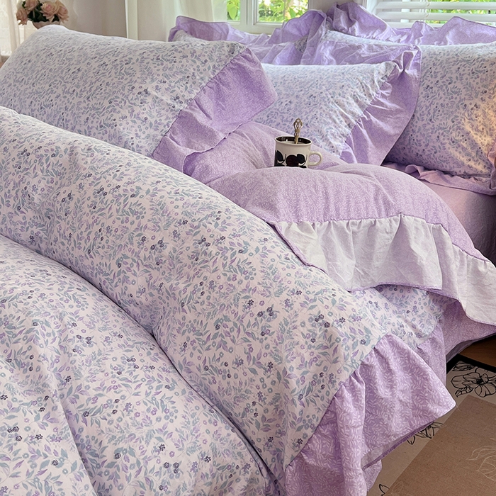 91家纺网 家纺一手货源 找家纺 梦舒羽 2025新款水洗珍珠棉花边四件套学生宿舍套件复古风四件套 浅影摇曳-紫